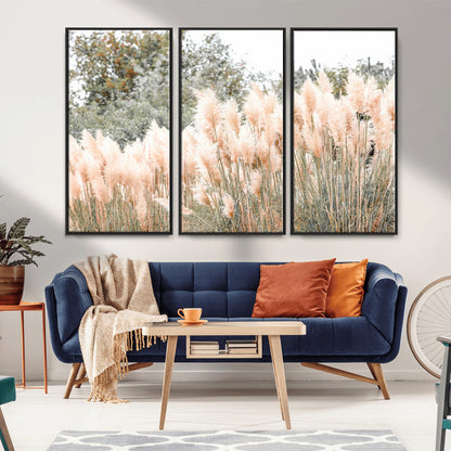 Soft pastel pampas grasses in a natural setting, ideal for neutral boho or rustic botanical-style interior wall decoration.