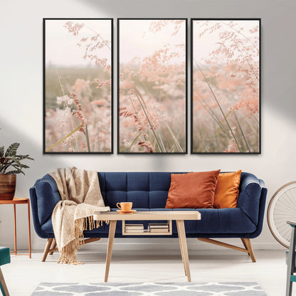 Soft pastel field with wild grasses in warm light, ideal for minimal nature or airy countryside-inspired interior wall decoration.
