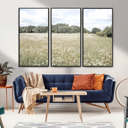 Soft-toned image of a wild daisy field under a cloudy sky, ideal for neutral or Scandinavian-inspired home decor.