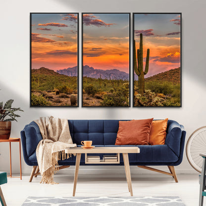 Vibrant desert sunset with saguaro cacti and distant mountains, perfect for Southwestern or warm-toned home decor.
