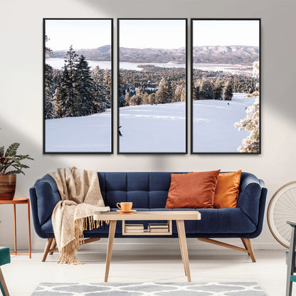 Canvas of a snowy mountain ski slope with pine trees and bright winter light, ideal for modern rustic or alpine-inspired home decor.