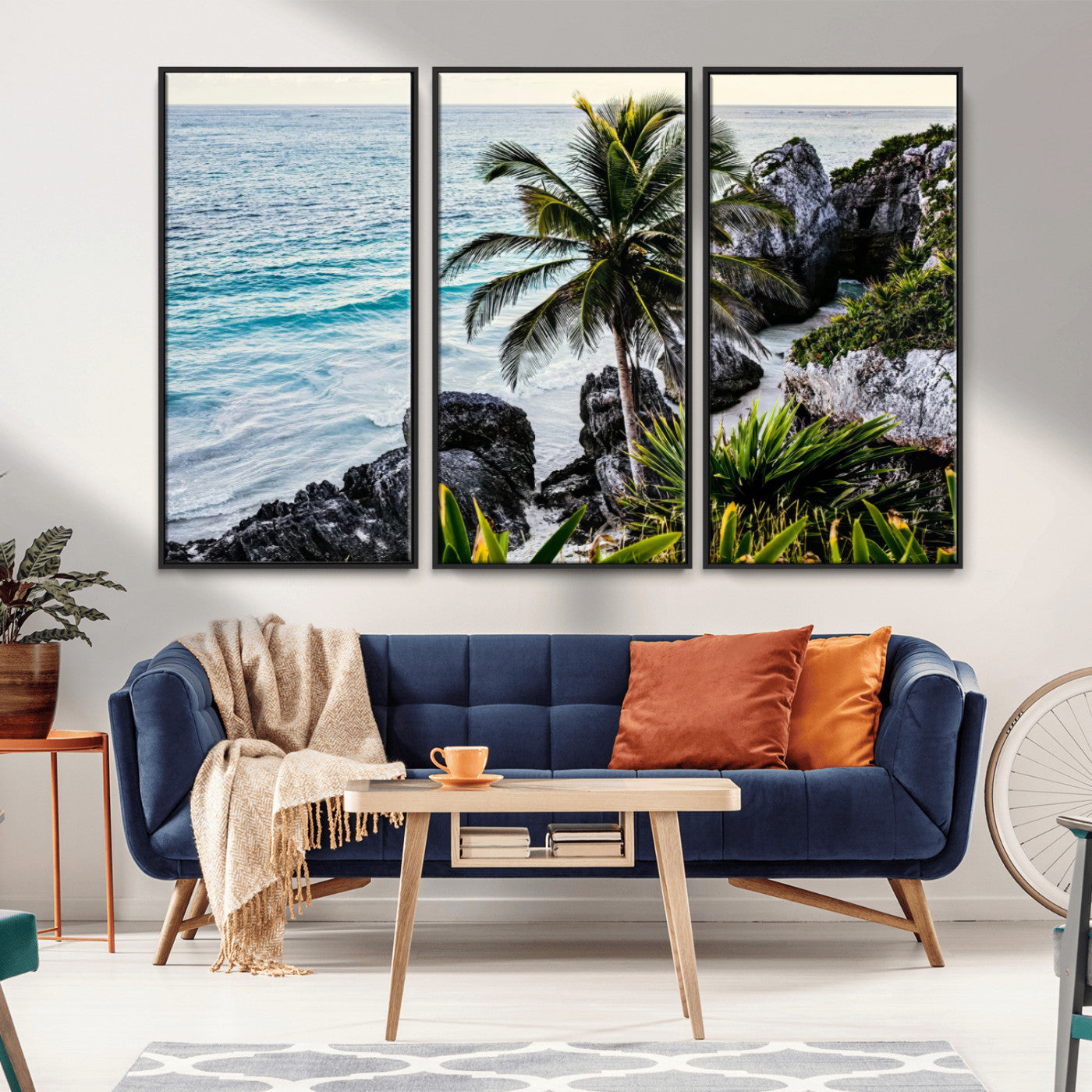 Framed canvas of a vibrant tropical coastline with palm trees, rocky cliffs, and turquoise waters, ideal for tropical coastal home decor.