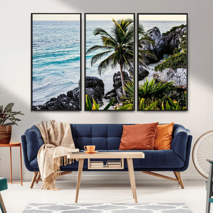 Framed canvas of a vibrant tropical coastline with palm trees, rocky cliffs, and turquoise waters, ideal for tropical coastal home decor.