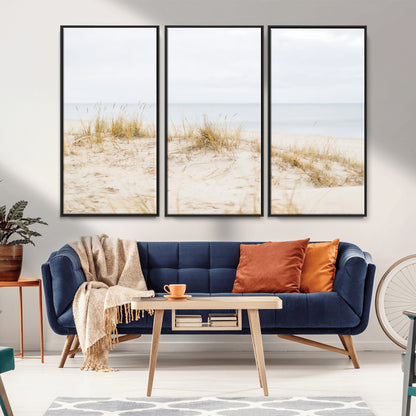 Canvas of soft beach dunes and coastal grasses in neutral tones, perfect for Scandinavian coastal or minimalist nature-inspired home decor.   2/2