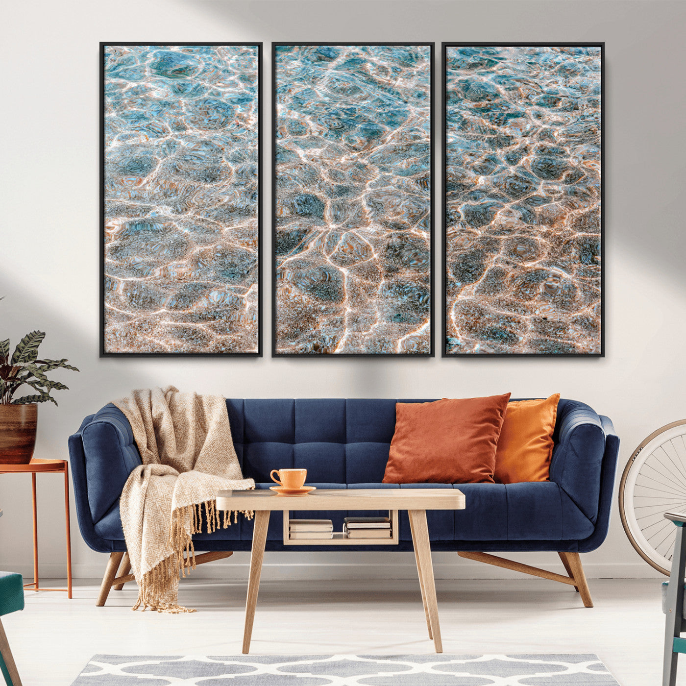 Close-up of sunlit ocean ripples with aqua blue and golden tones, ideal for modern coastal or minimalist home decor.