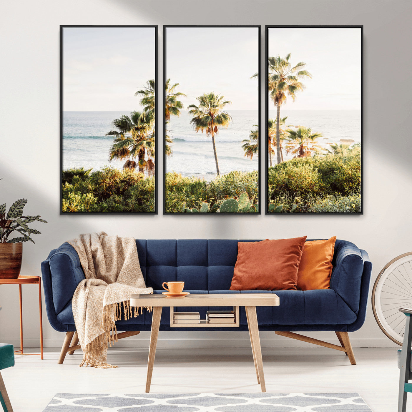 Framed print of sunlit palm trees on the California coast with warm tones, perfect for coastal minimalist or beach-style home decor.