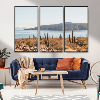 Warm desert landscape with cacti and coastal mountains, perfect for southwestern or earthy calm-themed home wall decor.