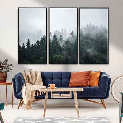 A misty evergreen forest shrouded in soft fog, creating a tranquil and moody landscape with lush green trees fading into the distance.