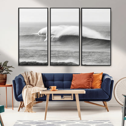 A dramatic black and white ocean wave crashing with immense force, capturing the raw power and movement of the sea in a bold seascape.