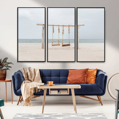 A rustic wooden beach swing stands on a serene sandy shore with an ocean horizon in the background, creating a tranquil and dreamy coastal escape.