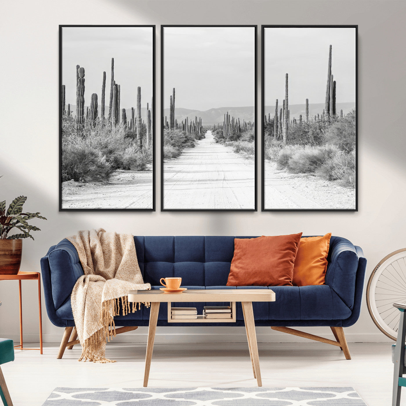 A black and white desert road stretching through a cactus-filled landscape, creating a rugged and timeless southwestern aesthetic with a sense of adventure.