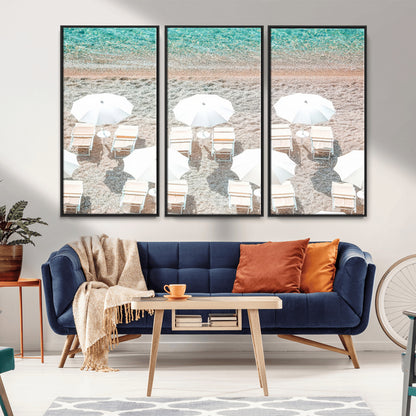 A bright beach scene with white umbrellas, pastel sand, and turquoise waters, creating a tranquil coastal vibe, perfect for beach house or summer decor.