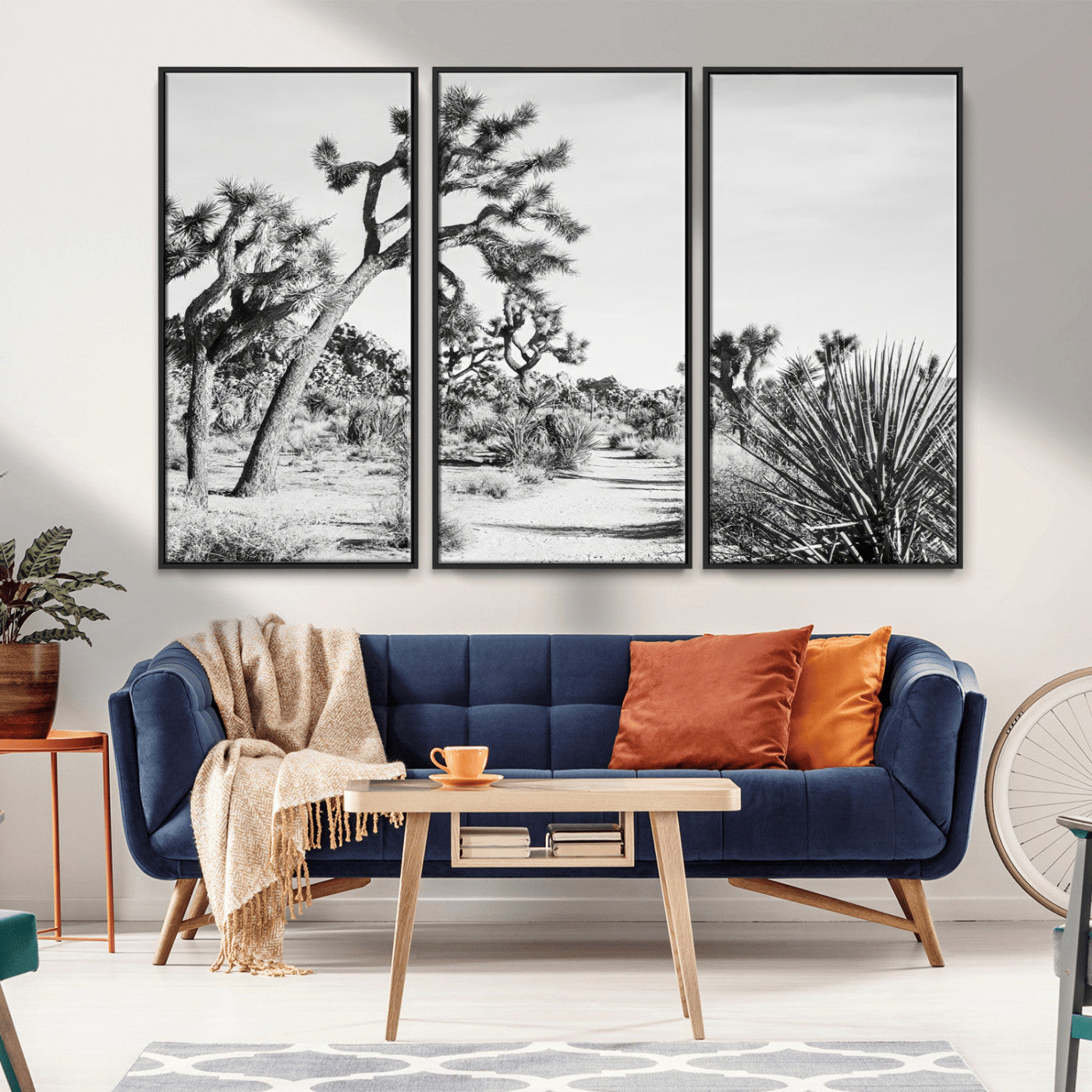 Canvas of a Joshua Tree forest in black and white tones, featuring a desert path and spiky vegetation, ideal for minimalist or rustic decor.