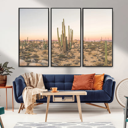Canvas of tall desert cacti in warm sunset tones over a rocky Baja landscape, ideal for earthy or Southwestern-style home decor.