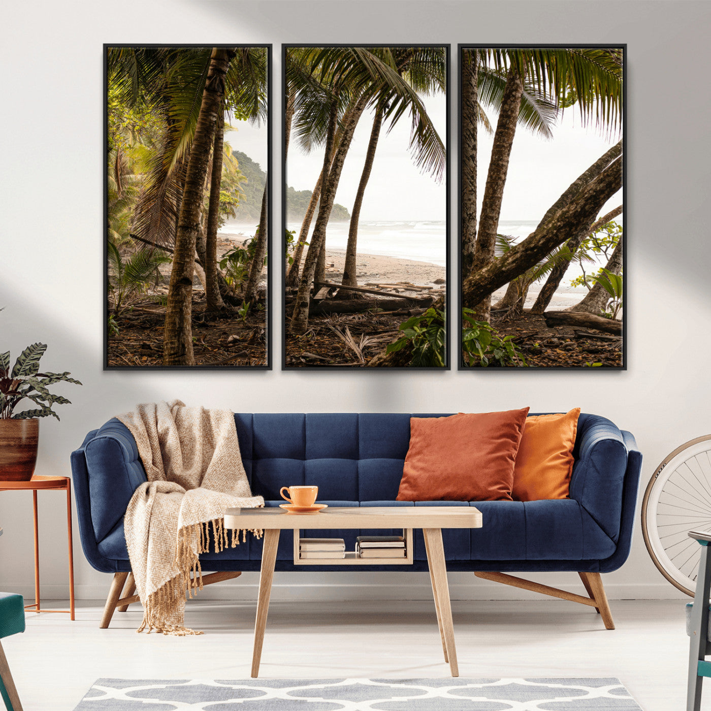 Dense tropical palm trees framing a sandy beach and ocean shore, ideal for jungle or coastal themed interior wall decor.