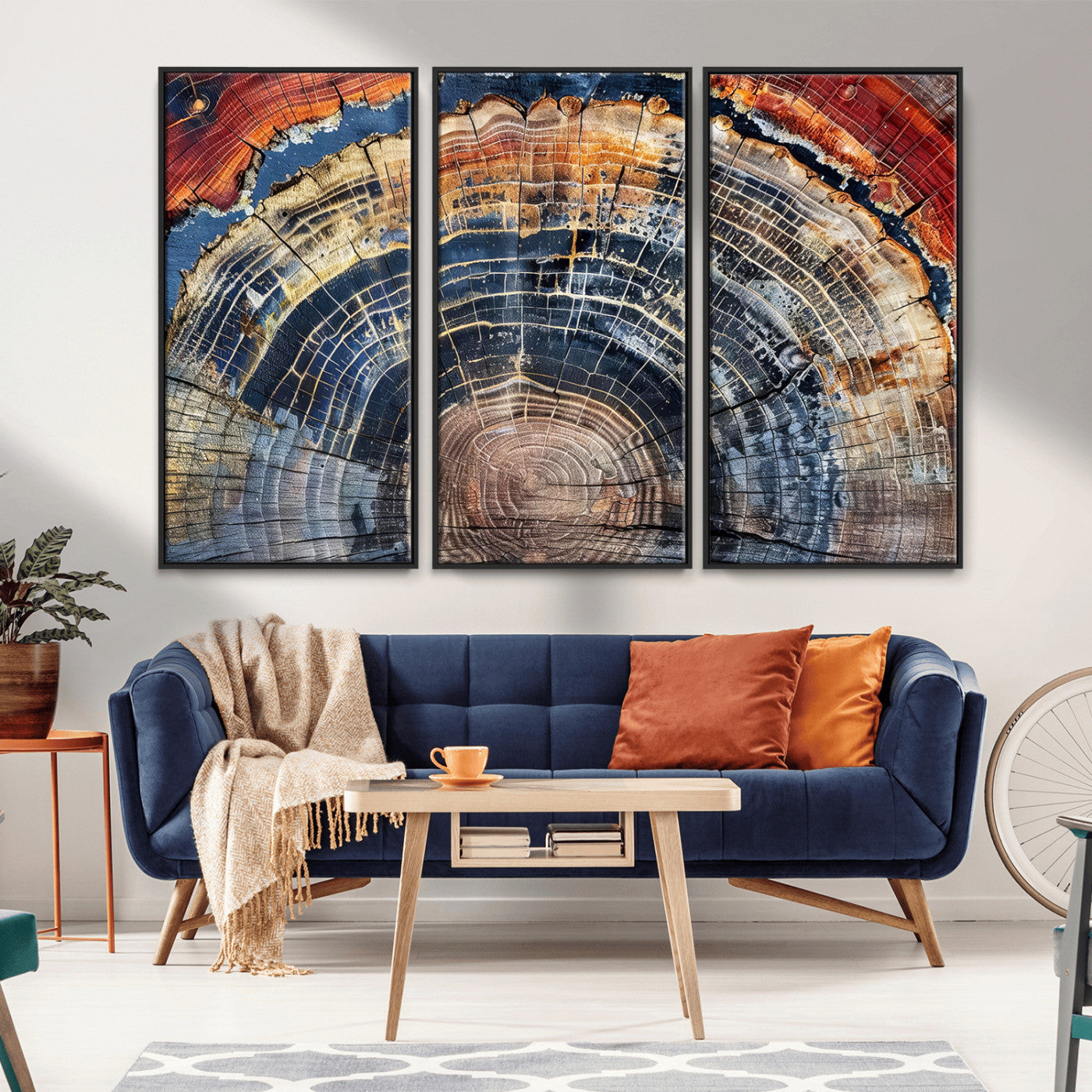 Vibrant tree ring with orange, brown, and blue tones in abstract detail, perfect for rustic or boho-inspired wall decor.