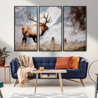 Majestic elk with large antlers standing in grass with snowy mountains in background, perfect for rustic cabin or lodge style decor.