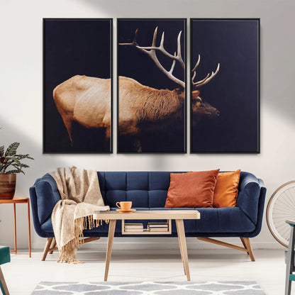 Side view of a majestic elk with large antlers against dark background, perfect for rustic lodge or cabin style home decoration.