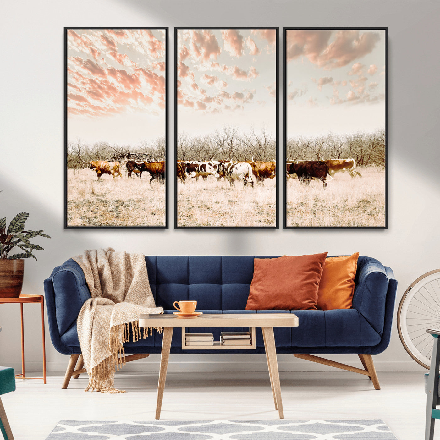 Cattle herd in a soft-toned field under a pastel pink sky, creating a peaceful rustic feel, perfect for farmhouse or western-themed spaces.