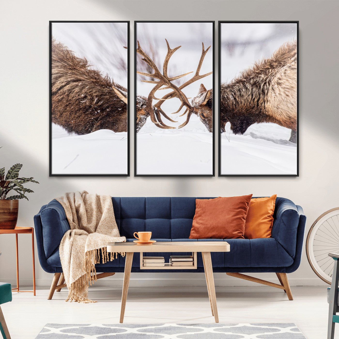Two elk clashing antlers in a snowy forest, capturing raw power and wild energy, ideal for rustic cabin or lodge-style decor.