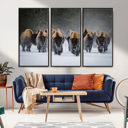 A herd of American bisons walking through deep snow in a forest, evoking a powerful rustic wilderness mood for western-style interiors.