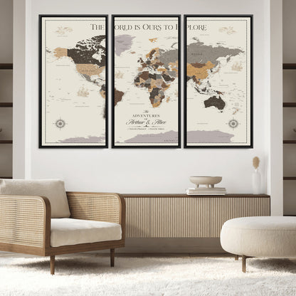 80998319-MGV-FC-48X32-3P_Black-Personalize World Map Push Pin Wall Canvas Print – Personalized Travel Tracker with Pins – Framed Large Multi-Size Canvas for Home Office Decor