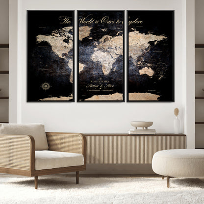 '-Customize Push Pin World Map Wall Canvas Print, Personalized Travel Tracker with Pins, Framed Large Canvas for Home Office Decor - H37