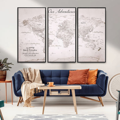 Customize Push Pin World Map Wall Canvas Print – Personalized Travel Map with Foam Pins – Framed Custom Quotie Canvas for Home Office Decor