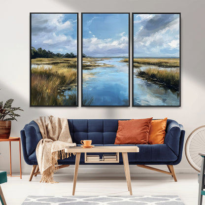 A beautiful, painterly landscape of a calm river winding through a marsh, with vibrant green grasses and a bright blue sky filled with fluffy clouds.