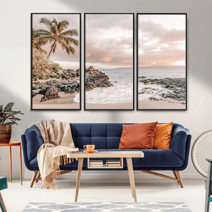 A peaceful beach scene with a palm tree and rocks, soft waves washing onto the shore under a soft pastel sky at sunset.