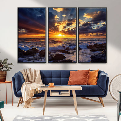 An explosive sunset over the ocean with dramatic clouds and rays of sunlight reflecting off the water, creating a vibrant and captivating view.
