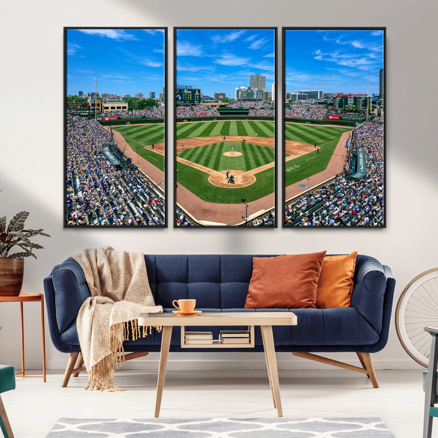 Wrigley Field Baseball Stadium Canvas Wall Art, Packed Crowd Sports Stadium Print, City Skyline Baseball Field Canvas for Game Room Decor
