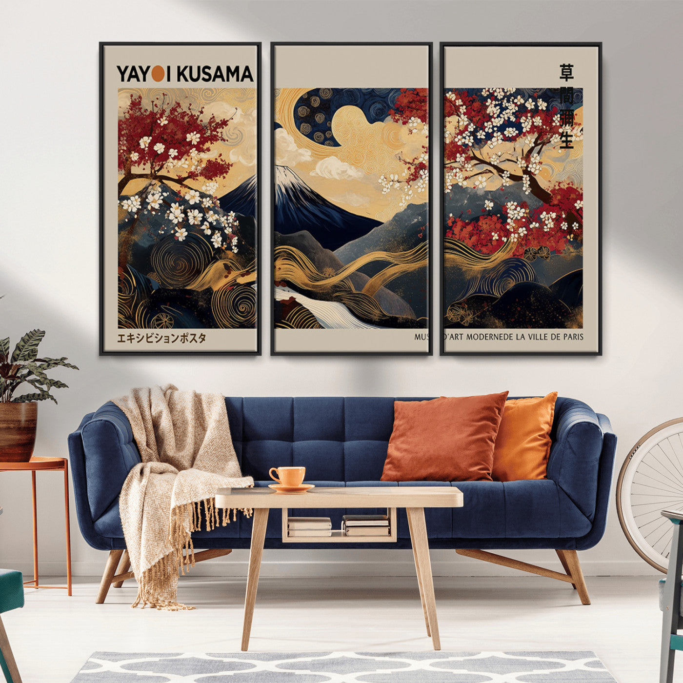 Yayoi Kusama's artwork featuring Mount Fuji, blooming cherry trees, and intricate swirls, blending traditional Japanese elements with vibrant color.