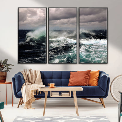 Powerful ocean waves crashing under stormy skies, creating a dynamic and intense seascape.