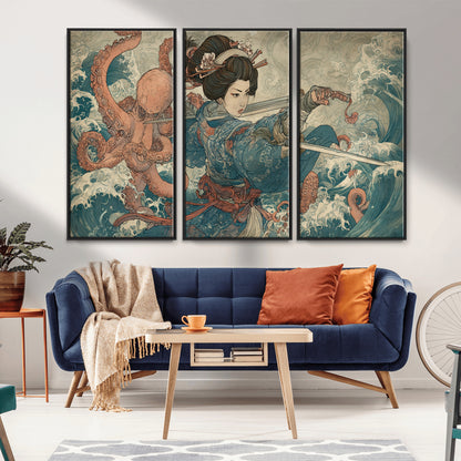Tsukioka Yoshitoshi Samurai Wall Art Print, Japanese Katana Warrior Canvas Wall Art, Octopus Sea Monster Canvas Print,