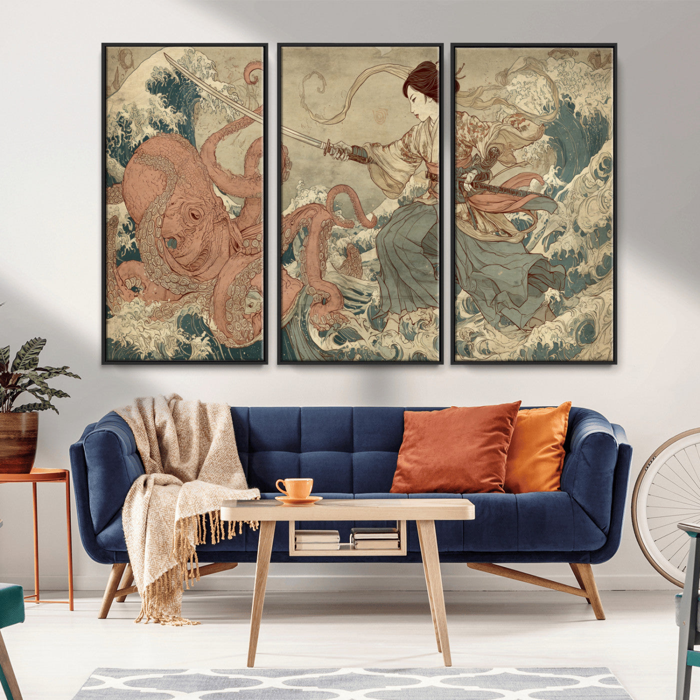 Tsukioka Yoshitoshi Samurai Wall Art Print, Japanese Katana Warrior Canvas Wall Art, Octopus Sea Monster Canvas Print,