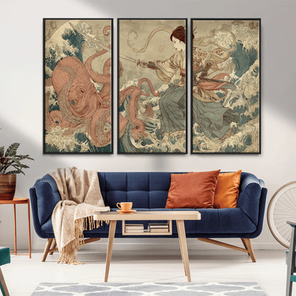 Tsukioka Yoshitoshi Samurai Wall Art Print, Japanese Katana Warrior Canvas Wall Art, Octopus Sea Monster Canvas Print,