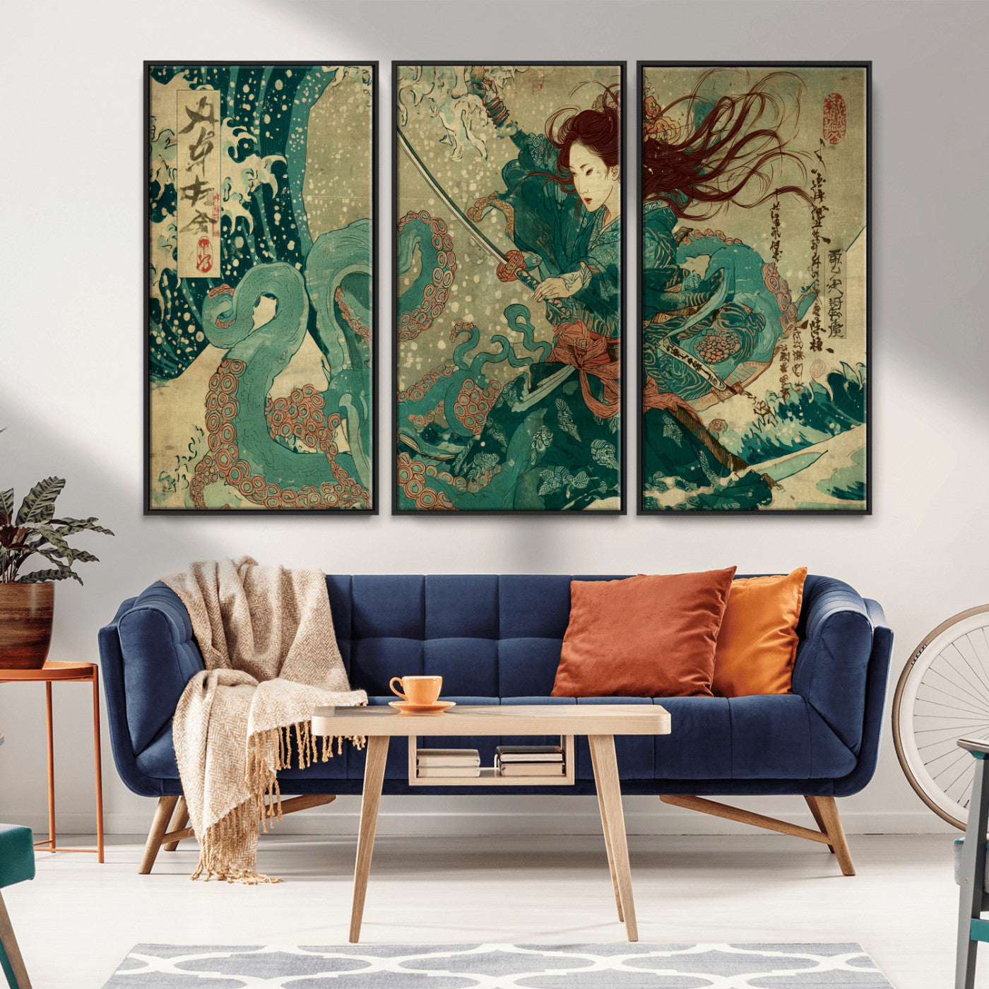 Tsukioka Yoshitoshi Samurai Wall Art Print, Japanese Katana Warrior Canvas Wall Art, Octopus Sea Monster Canvas Print,