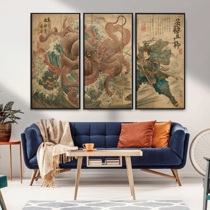 Tsukioka Yoshitoshi Samurai Wall Art Print, Japanese Katana Warrior Canvas Wall Art, Octopus Sea Monster Canvas Print,