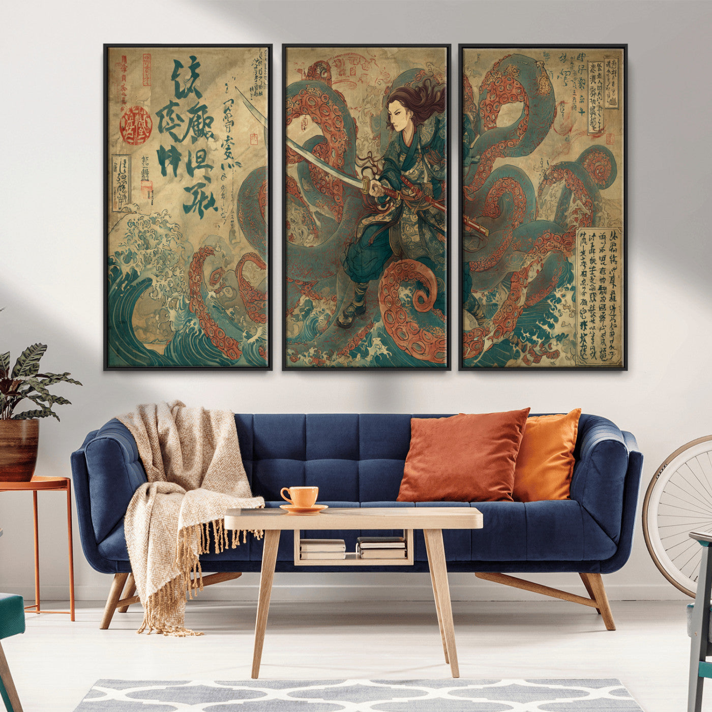 Tsukioka Yoshitoshi Samurai Wall Art Print, Japanese Katana Warrior Canvas Wall Art, Octopus Sea Monster Canvas Print,