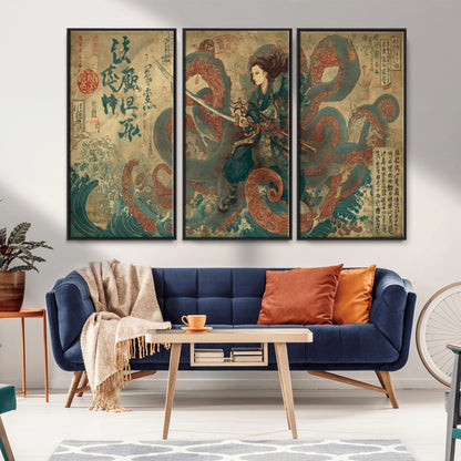 Tsukioka Yoshitoshi Samurai Wall Art Print, Japanese Katana Warrior Canvas Wall Art, Octopus Sea Monster Canvas Print,