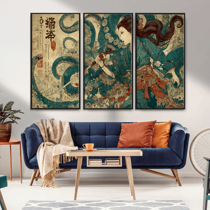 Tsukioka Yoshitoshi Samurai Wall Art Print, Japanese Katana Warrior Canvas Wall Art, Octopus Sea Monster Canvas Print,