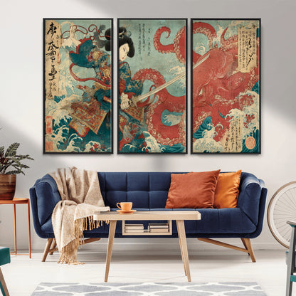 Tsukioka Yoshitoshi Samurai Wall Art Print, Japanese Katana Warrior Canvas Wall Art, Octopus Sea Monster Canvas Print,