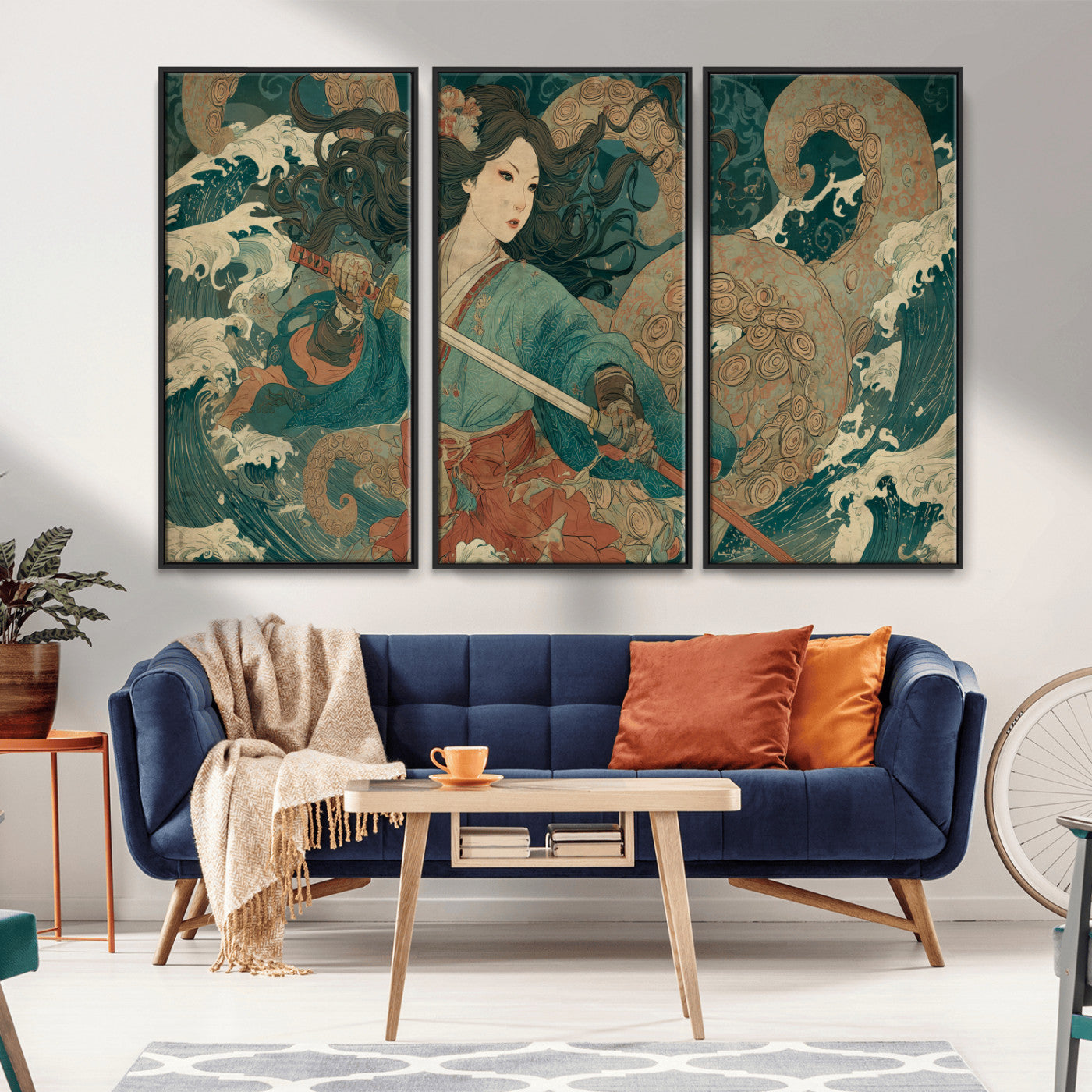Tsukioka Yoshitoshi Samurai Wall Art Print, Japanese Katana Warrior Canvas Wall Art, Octopus Sea Monster Canvas Print,