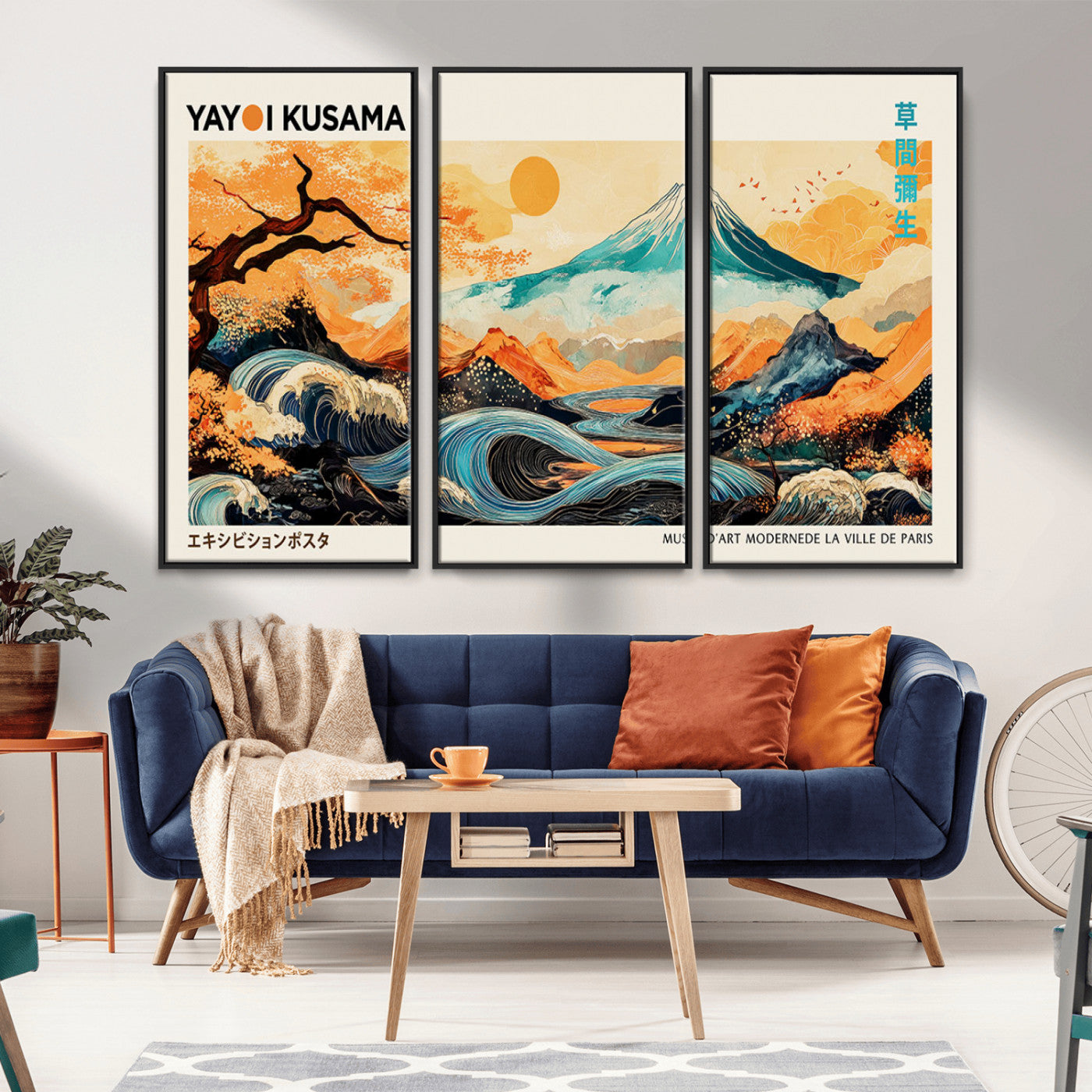Modern Japanese-style art print featuring a stylized Mount Fuji, flowing waves, and vibrant landscapes in bold colors, inspired by traditional and contemporary aesthetics.