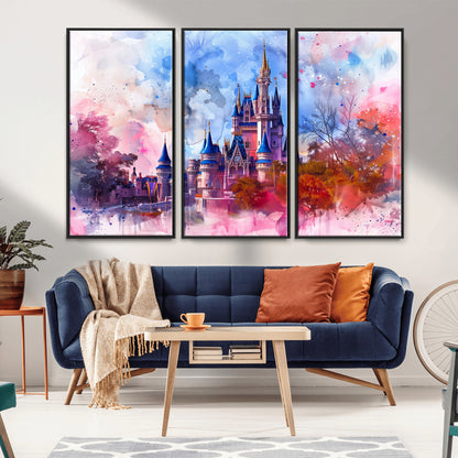 Watercolor canvas of a dreamy Disney-style castle in pastel pink and blue tones, perfect for fairytale or whimsical home decor.