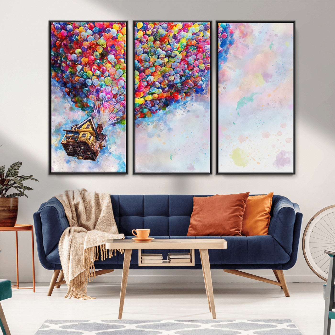 Whimsical canvas of the house from the movie Up flying with colorful balloons, ideal for Pixar or animation-themed decor.