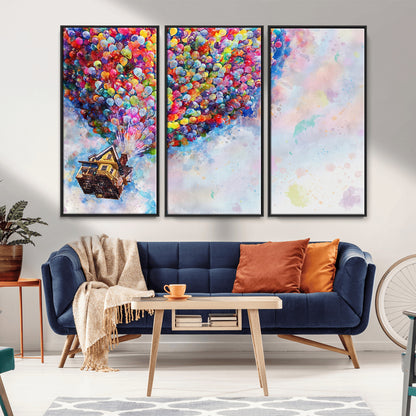Whimsical canvas of the house from the movie Up flying with colorful balloons, ideal for Pixar or animation-themed decor.