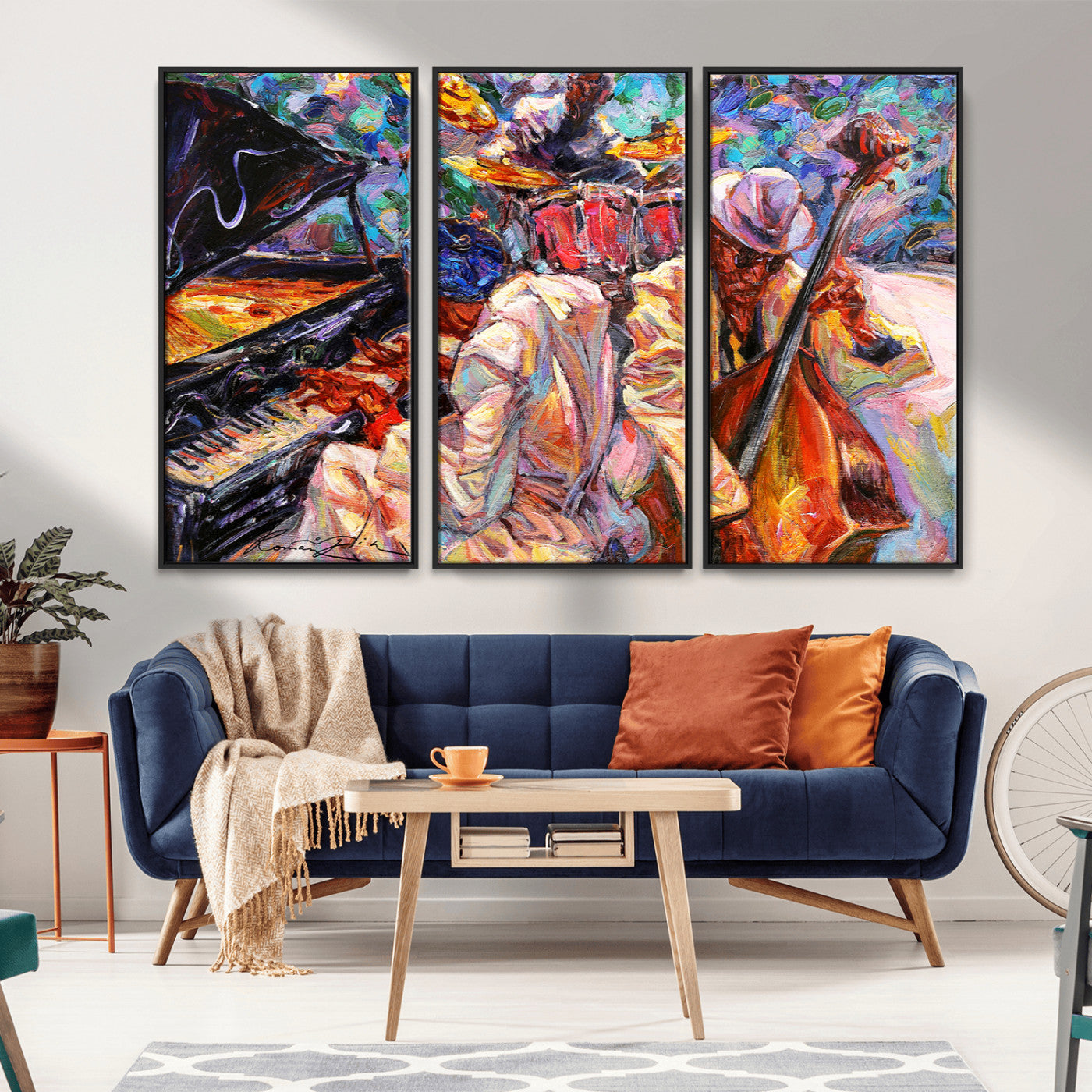 Vibrant oil painting of a jazz band with piano, saxophone, and bass, ideal for colorful and expressive music-themed home decor.