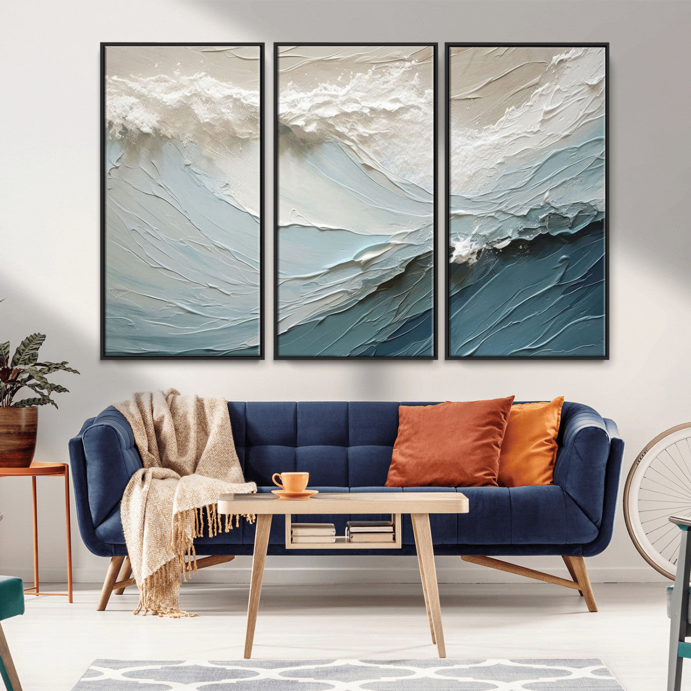 Textured canvas of ocean waves in soft coastal blues and creamy whites, ideal for modern or minimalist coastal-style interiors.